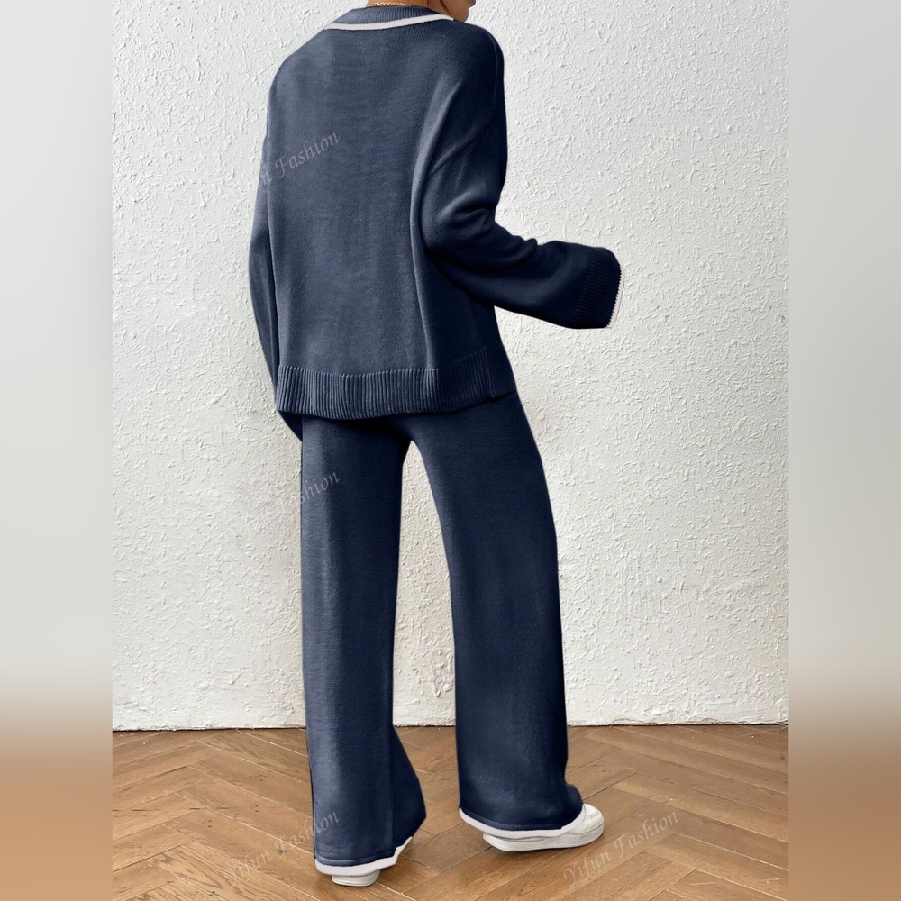 2pcs Contrast Color Splice Long Sleeve Simple Top And Pants Casual Set - Picture 5 of 6